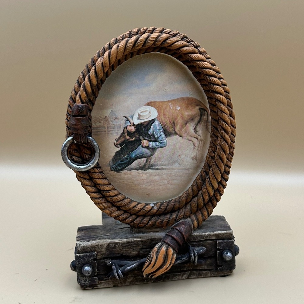 Western Rodeo Cowboy Steer Wrestling Laso Rope Votive Candle Holder Rustic Frame